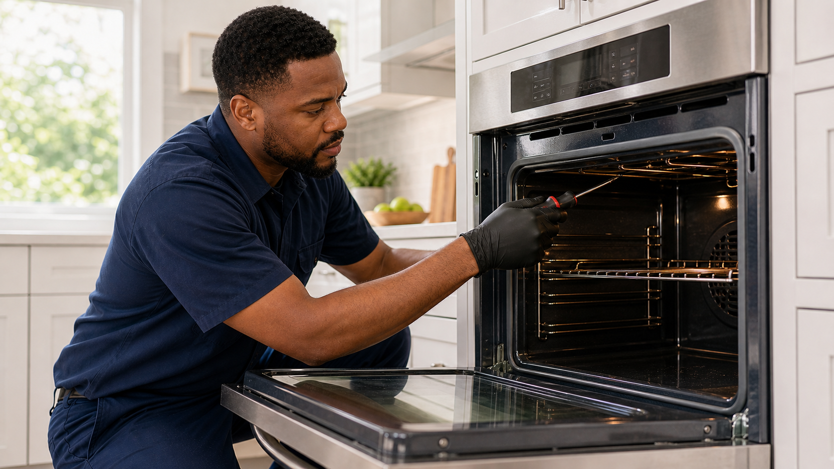 Technician repairing a modern oven in a bright kitchen