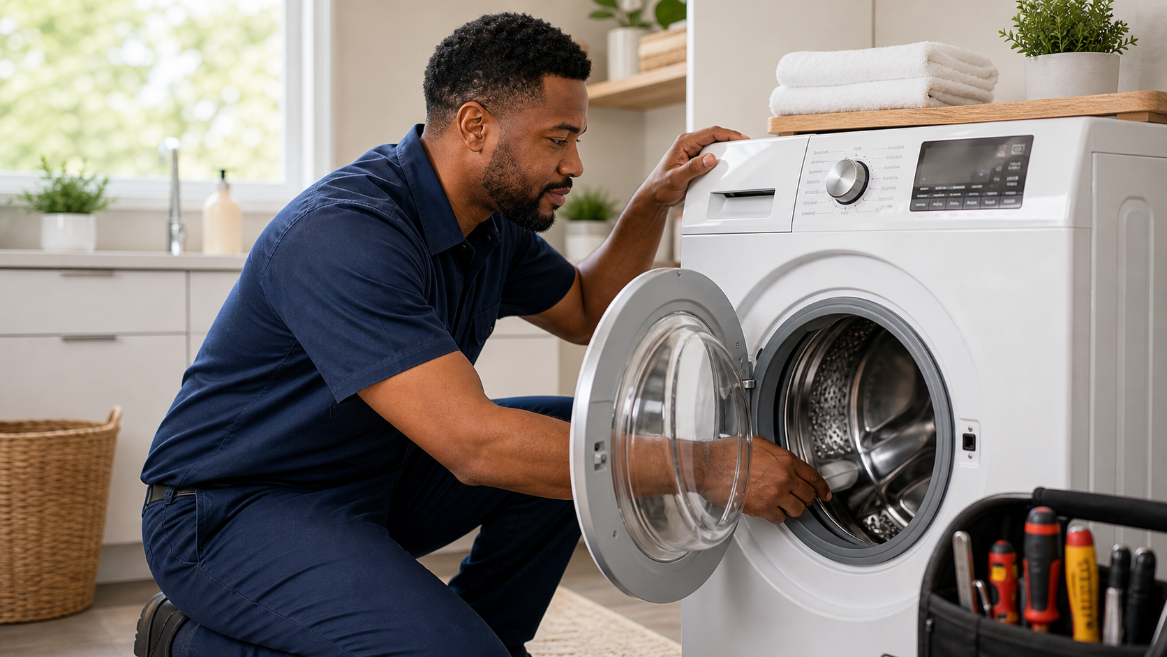 Technician checking a front-load washing machine